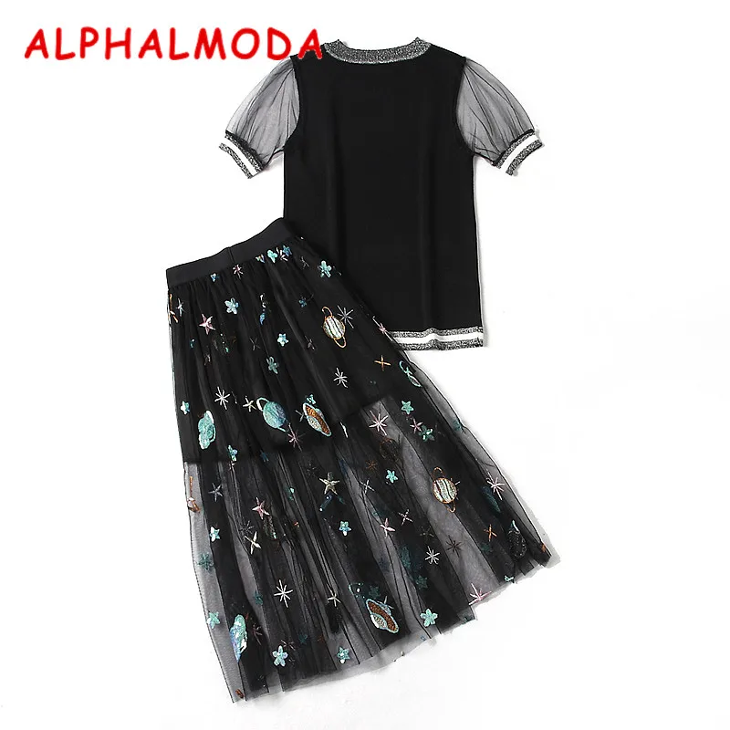 Женский комплект ALPHALMODA бант в стиле преппи свитер + кружевная юбка из 2 предметов