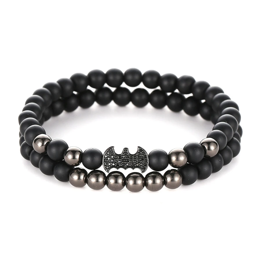 

HOBBORN Trendy Handmade Beads Bracelet Women Men Matte Black Onyx Metal Beads Mix Strand Micro-inlaid Zircon Bat Yoga Bracelets