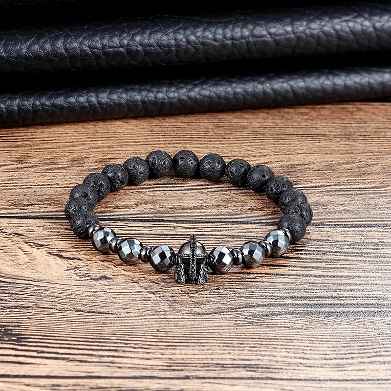 

LIVVY 2018 Roman Gold Knight Spartan Gladiator Helmet Bangle Men's Black Matte Lava Bracelet Men's Jewelry AS402