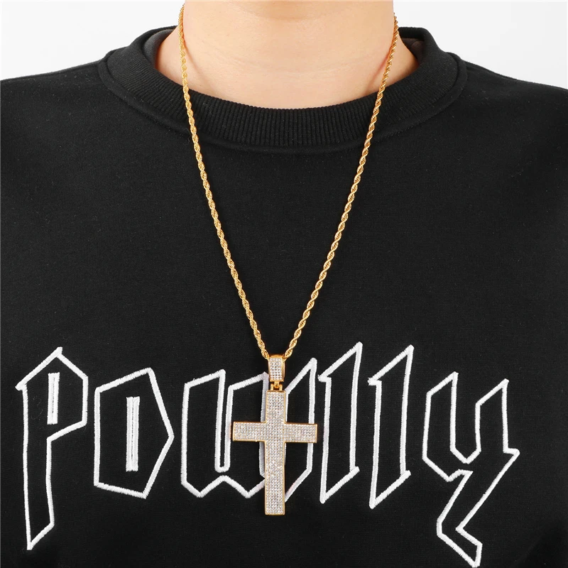 Золото Цвет Большой Bling Iced Out CZ Кристалл крест ожерелья для мужчин 316L нержавеющая