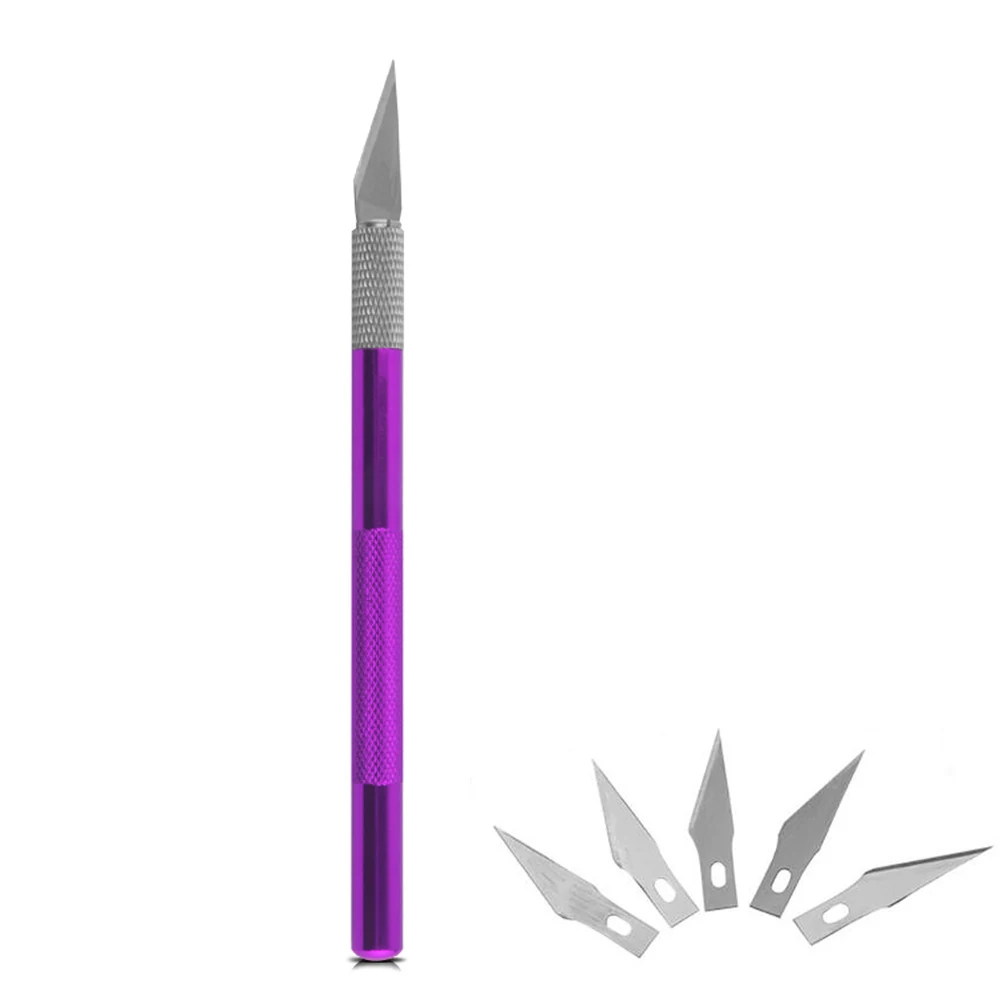 Purple Нескользящий металлический нож для скальпеля набор инструментов Резак гравировальные ремесленные ножи+ 5 шт. лезвия для мобильного телефона PCB DIY ремонт ручных инструментов - Цвет: Purple