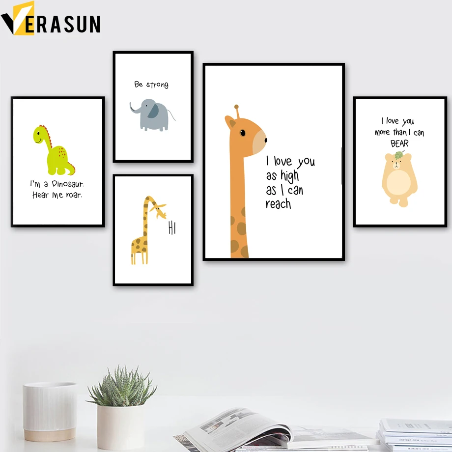 Cartoon Bear Giraffe Dinosaur Elephant Wall Art Canvas Painting Nordic Posters And Prints Pictures For Kids Room Home Decor | Дом и сад