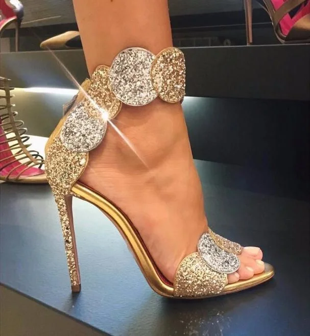 

Sexy Gold Bling Bling Glitter High Heel Sandals Women Summer Open Toe Big Ankle Strap Gladiator Sandals Shoes 2019 Lady Shoes