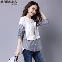 arealna autumn korean shirt women tops long sleeve casual shirts vintage stripe stitching fake two pieces women blouses blusas