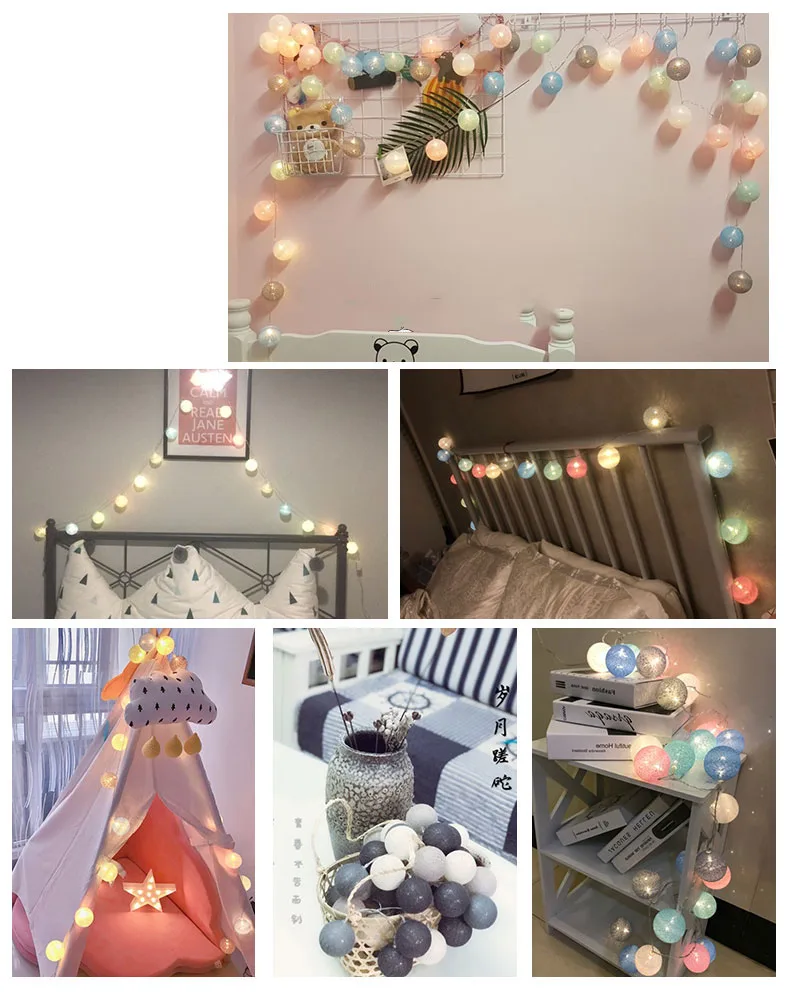 Светодиодная гирлянда с хлопковыми шариками батареей диаметром 6 см 20 ватных