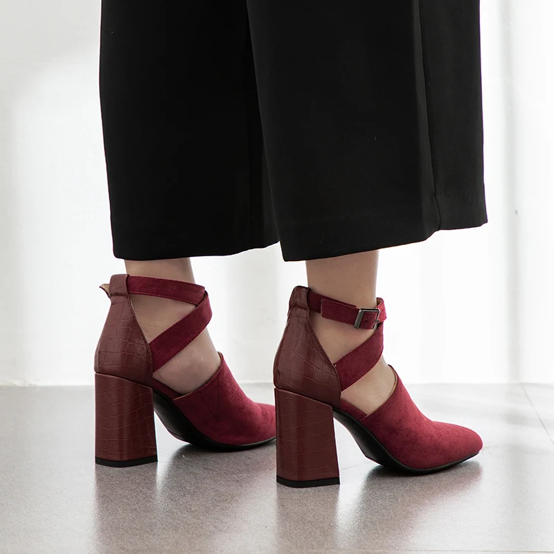 

WETKISS Emboss Pu Summer Sandals Women Thick High Heels Sandals Women 2019 Flock Shoes Female Pointed Toe Cross Strap Shoes