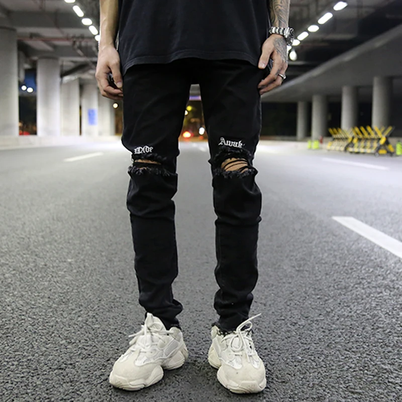 Мужские рваные джинсы с вышивкой черные облегающие байкерские в стиле хип-хоп 2019