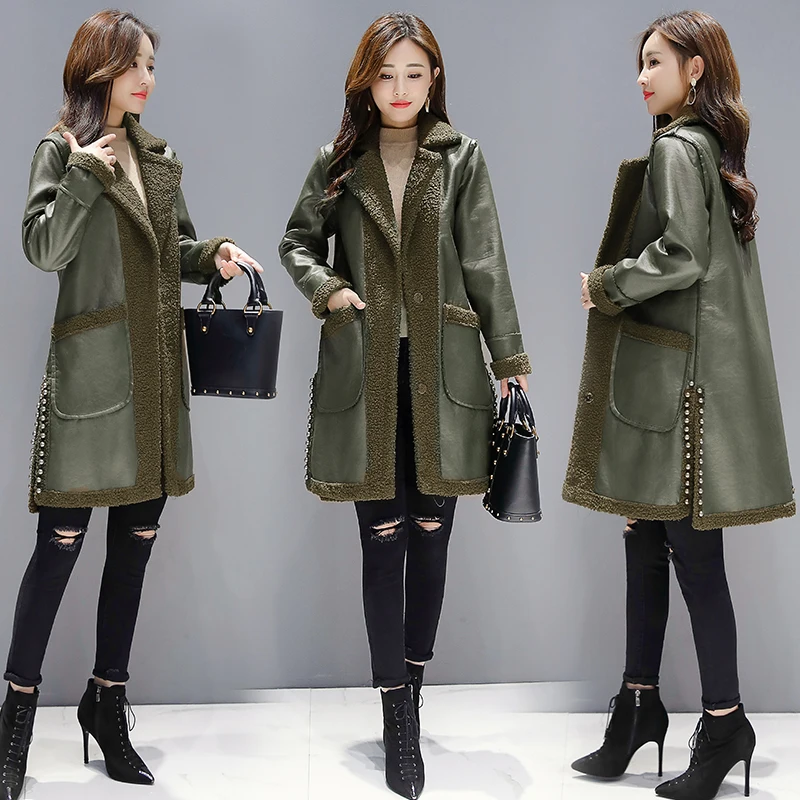 Кожаная куртка женская 2018 Новая меховая Длинная зимняя из овечьей шерсти PU