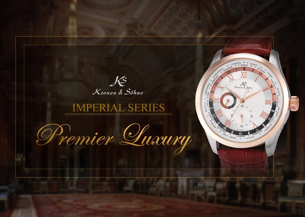 Бренд Imperial KS, 24 часа в день, розовое золото, с автоматическим заводом, Relogio, кожаный ремешок, аналоговые автоматические часы, мужские механические часы, подарок/KS302