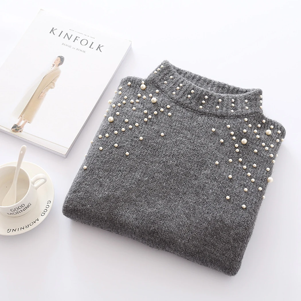 Women Pearl Beading Knitted Sweater Turtleneck Winter Warm Loose Jumper Female Lantern Sleeve Gray Sweaters Pullover | Женская одежда