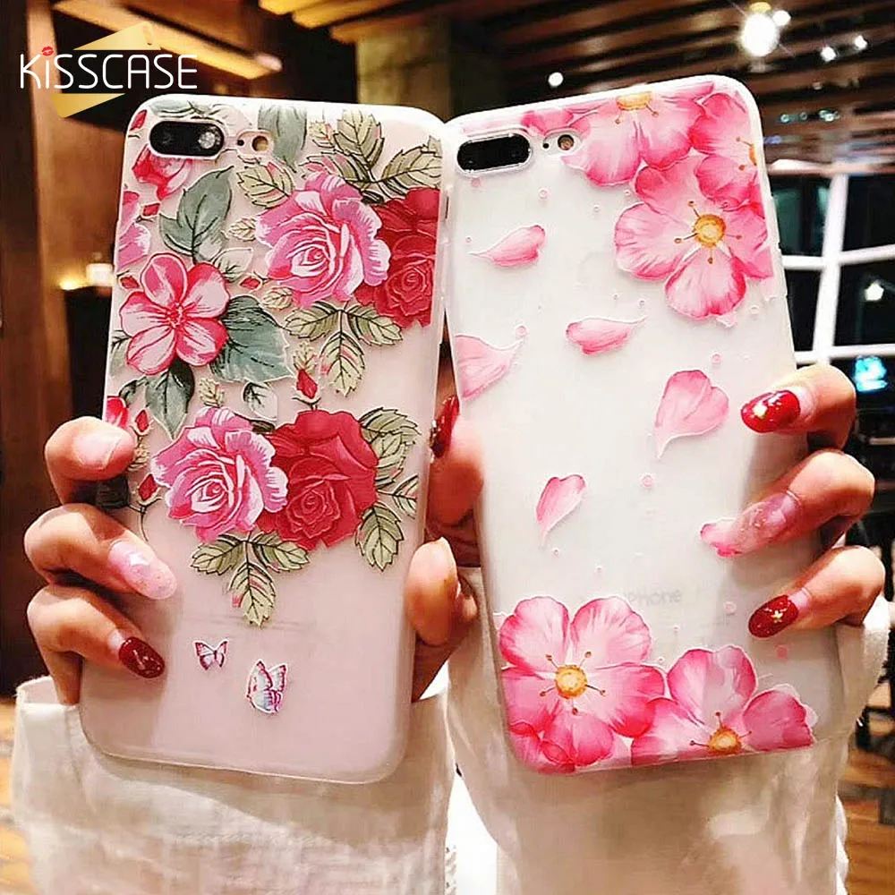 KISSCASE 3D Цветочный чехол с листьями для iPhone 7 6 s 8 Plus 5S X Xr Max рельефный мягкий