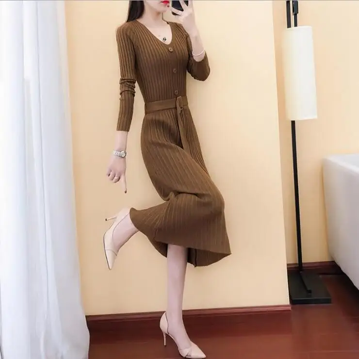 Женское трикотажное платье повседневное облегающее с длинным рукавом и высокой