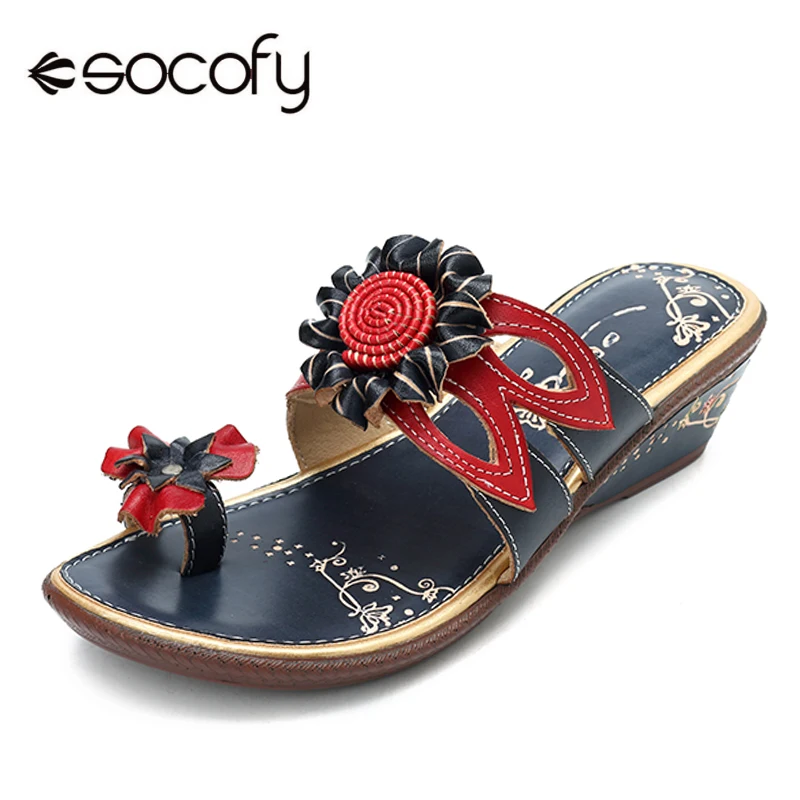 Socofy Flip Flops Slippers Women Shoes Genuine Leather Vintage Flower Ladies Shoes Summer Casual Slippers Beach Flat Slides New