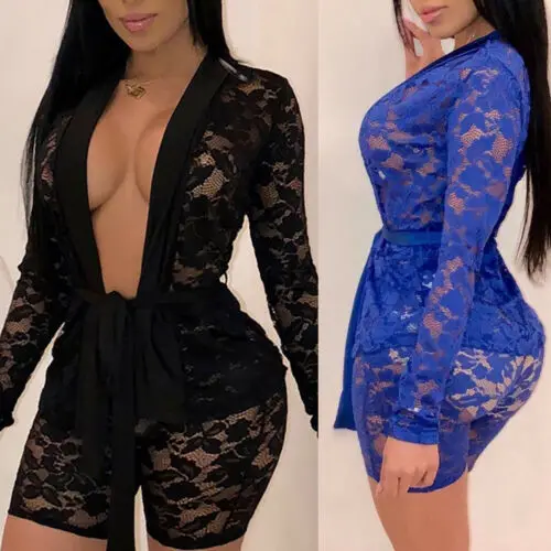 Женское боди с длинным рукавом глубоким v-образным вырезом и поясом комбинезон