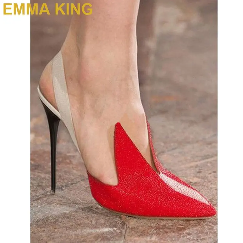 Красный EMMA KING/модные бордовые туфли-лодочки с ремешком на пятке; пикантные женские туфли на высоком каблуке; женские вечерние туфли с острым носком на тонком каблуке; Прямая - Цвет: Красный