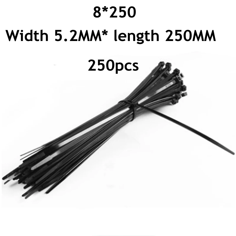 250 шт./лот пластиковые самоблокирующиеся Нейлоновые кабельные стяжки 8*250 мм