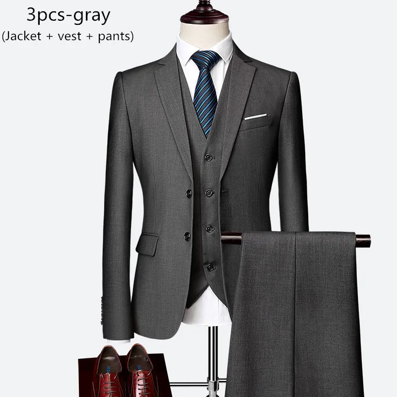 3pcs-gray Деловой мужской костюм, костюм из 3 предметов, Мужской Блейзер+ жилет+ брюки, Свадебный костюм жениха на заказ, большие размеры, M-6XL, высококачественные костюмы - Цвет: 3pcs-gray