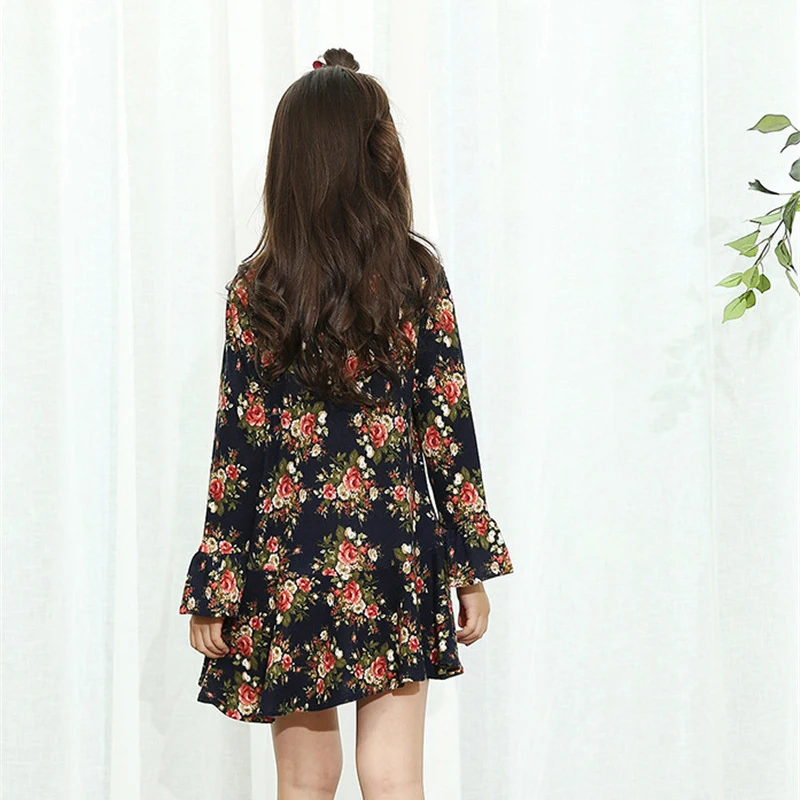 2017 Autumn Kids Flower Printed Long Sleeves Clothes Children Elegant Party Wedding Princess Dresses Girls Preppy School Wear | Детская