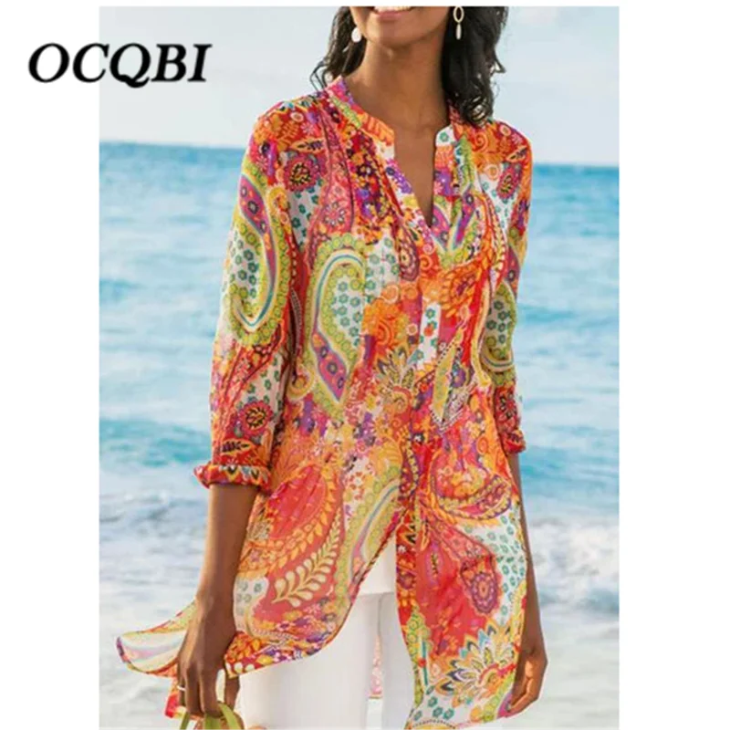 2019 Летняя Пляжная Повседневная богемная рубашка с длинным рукавом и цветочным