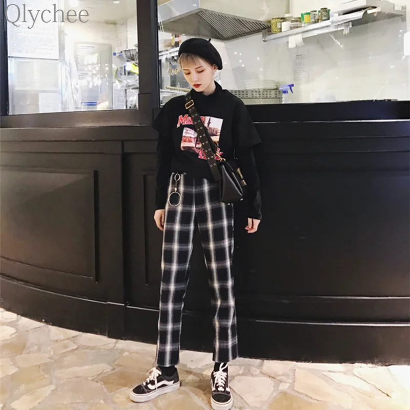 Qlychee Ulzzang консервативный стиль Harajuku женские брюки с боковыми разрезами кольцо