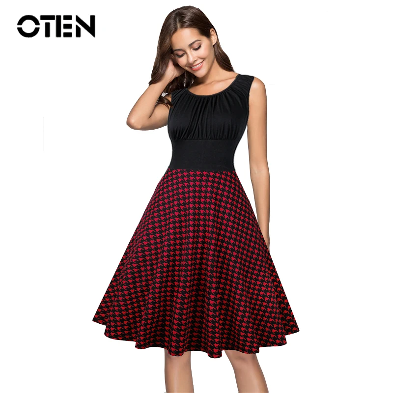 Платье OTEN женское черное без рукавов с принтом &quotгусиная лапка&quot в стиле