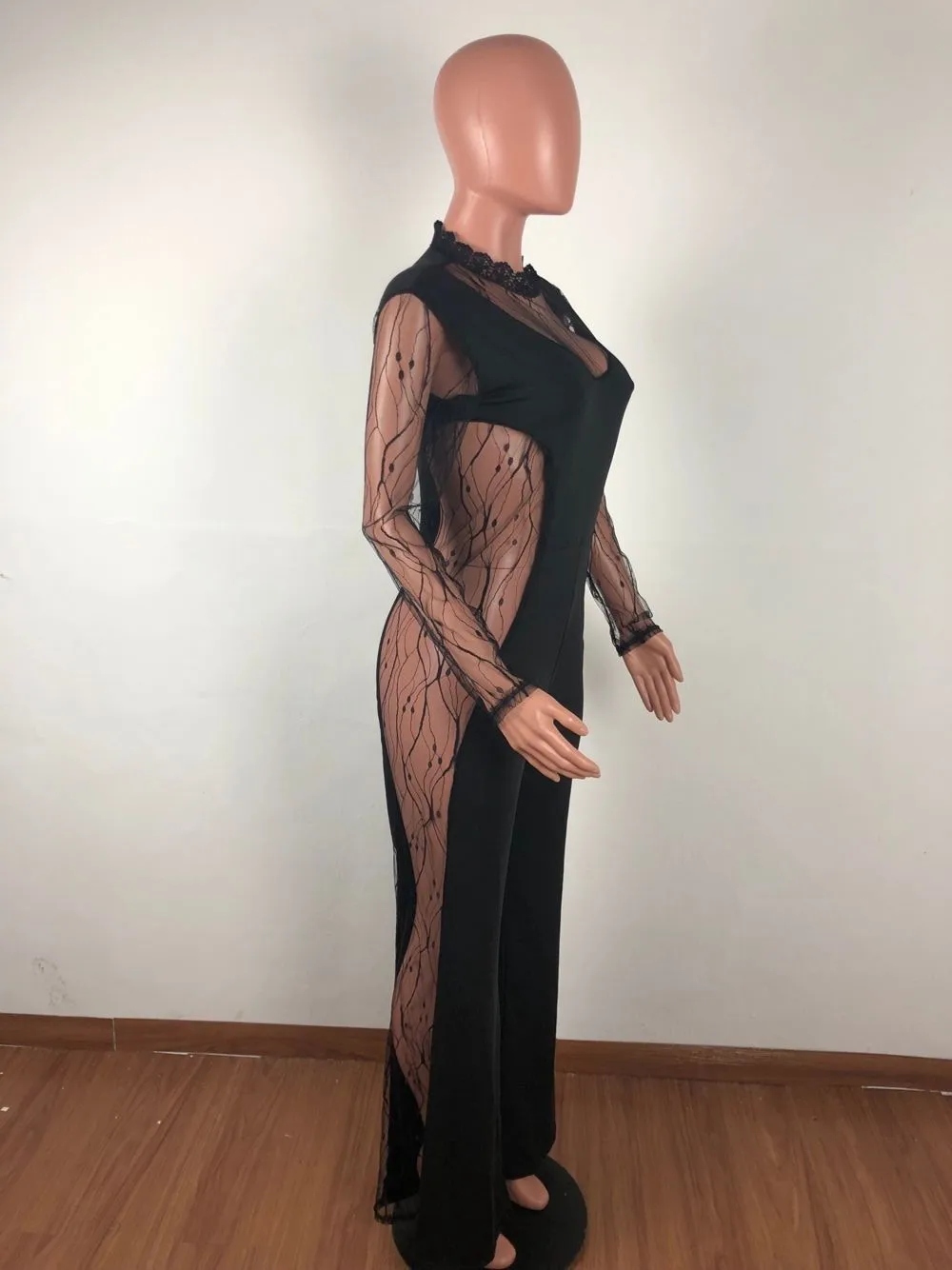 Черный лоскутный кружевной комбинезон женский элегантный с длинным рукавом и