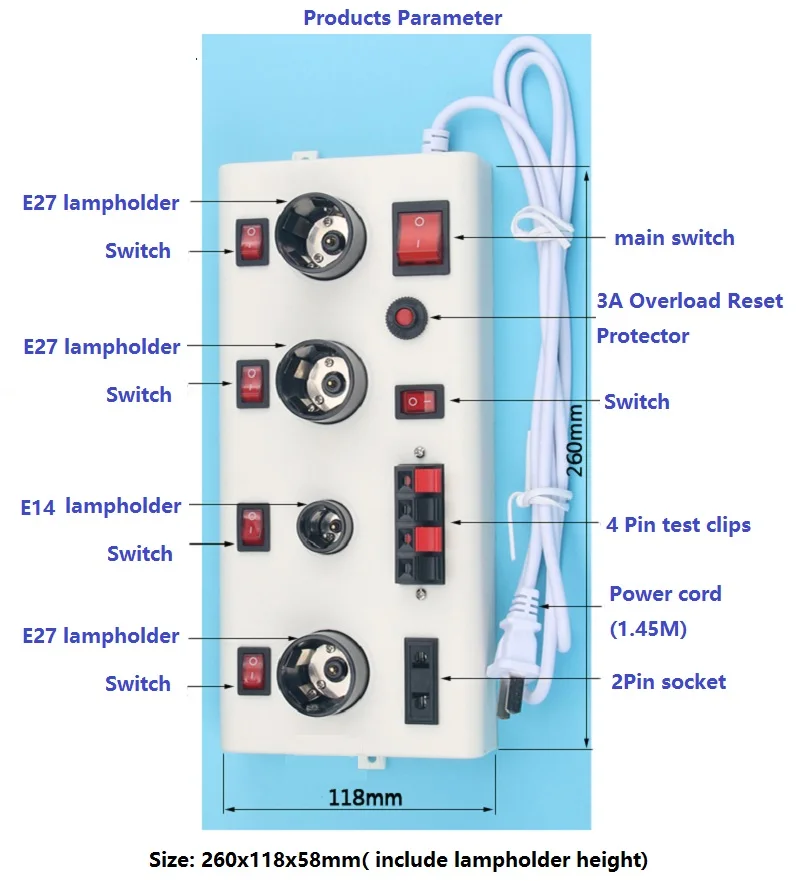 2шт e27+ 1 шт E14+ 4pin испытательный прибор для зажима+ 2pin гнездо+ 3а защита от перегрузки+ Главный переключатель Многофункциональный E14 или E27 держатель лампы тестовый инструмент