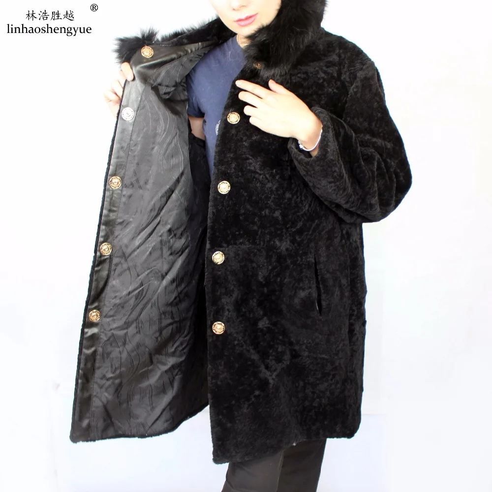 Linhaoshengyue 100cm Fashion Ladies Sheep Cut Long Cap  Coat  Cap with Fox Fur Collar  Freeshipping