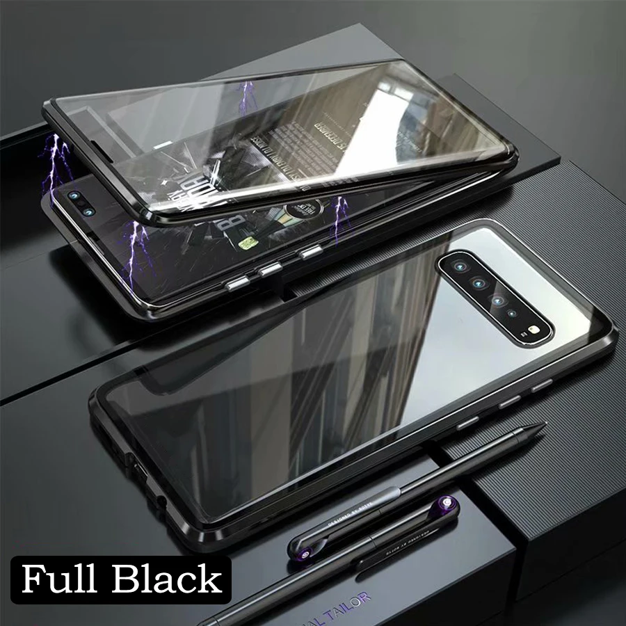 Full Black Роскошный магнитный металлический чехол S10plus для samsung S10 5G S9 S8 Plus Note 9 8 S10e Передняя Задняя 360 стеклянная Защитная крышка - Color: Full Black