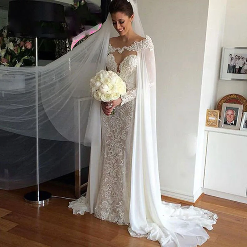 

White ivory Wedding Wraps Chiffon Bride Jacket Bridal Cloak Dress's Cape Appliques Hot Sale manto Women Wedding Accessory