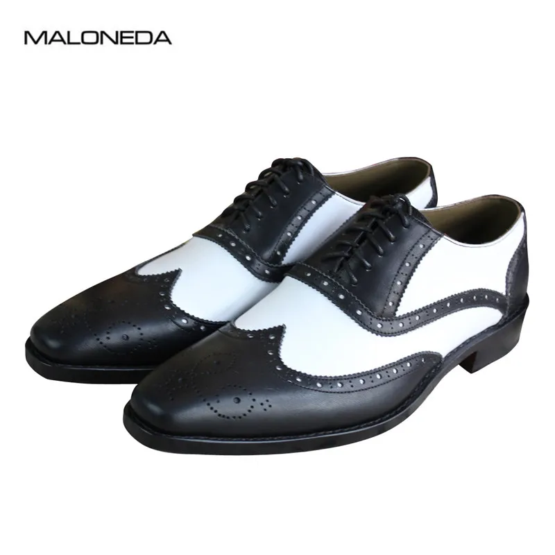MALONEDA Bespoke White Match Black Genuine Leather Handmade Goodyear Brogue Oxfords Formal Dress Shoes For Men EUR size 37-47