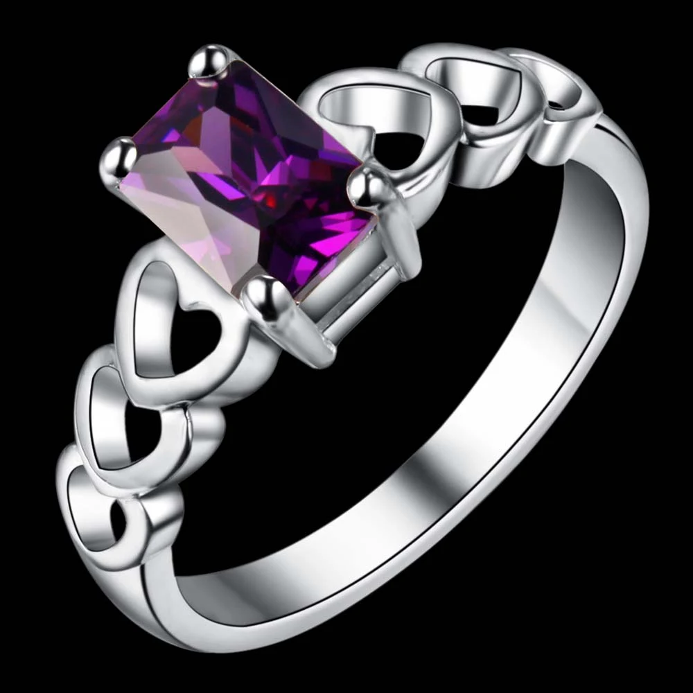 Фиолетовое циркониевое блестящее посеребренное кольцо с любовным сердцем
