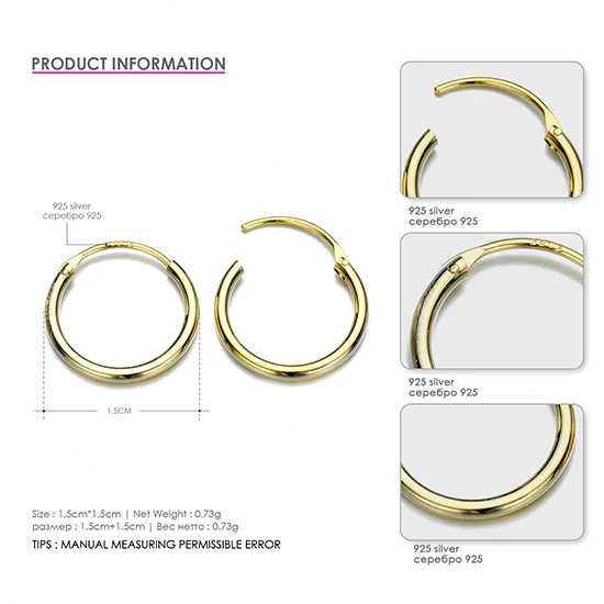 15mm Gold CC 925 Чистое серебро, серьги-кольца для женщин 15 мм-70 мм, круглые классические большие серьги в деловом стиле, простые трендовые ювелирные изделия CCE529 - Окраска металла: 15mm Gold