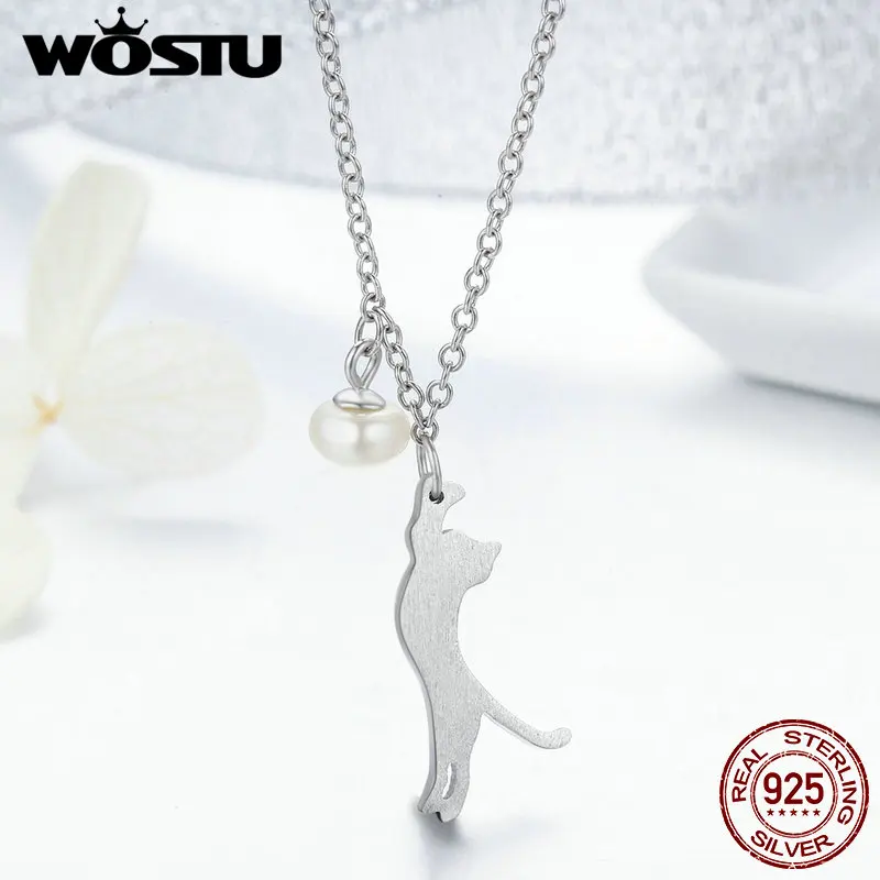 WOSTU, популярные, Настоящее серебро 925 пробы, озорной котенок, кошка, женские ожерелья с подвесками, модные ювелирные изделия из стерлингового серебра FIN175
