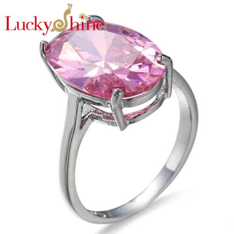 

Luckyshine Fashion OL Style Pink kunzite Oval Rings Silver Women Wedding Rings CZ Rings Party Holiday Gifts