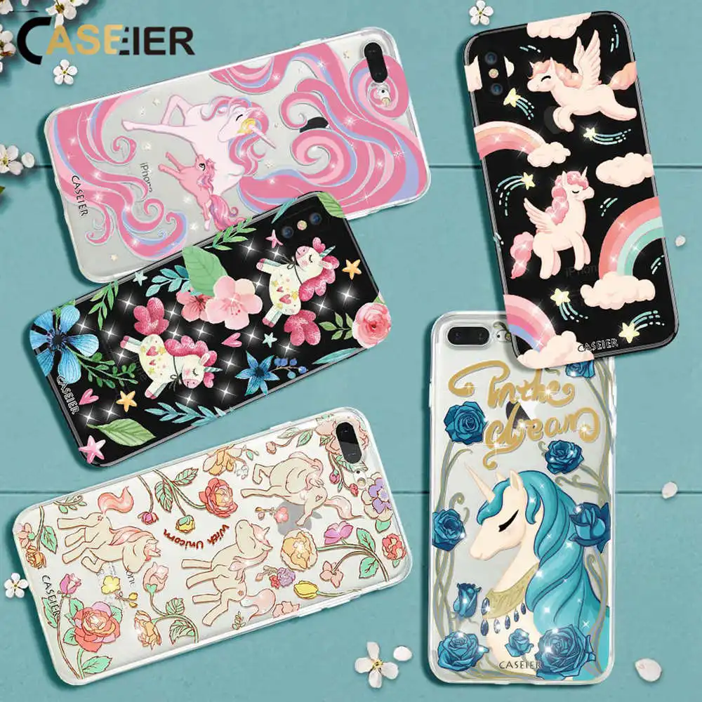 Caseier Единорог рисунком чехол для iPhone 6 6S 7 8 plus со стразами Чехол IPhone X 10 5 5S SE телефон