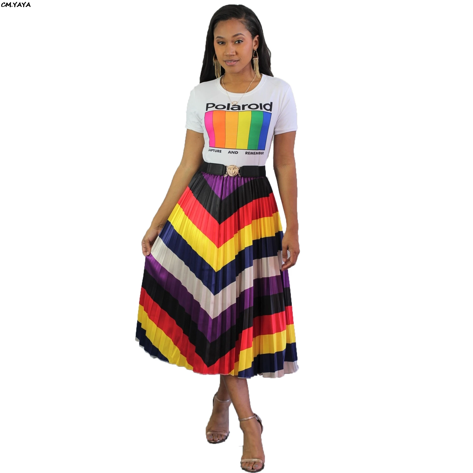 2019 Женские винтажные плиссированные юбки в разноцветную полоску с высокой