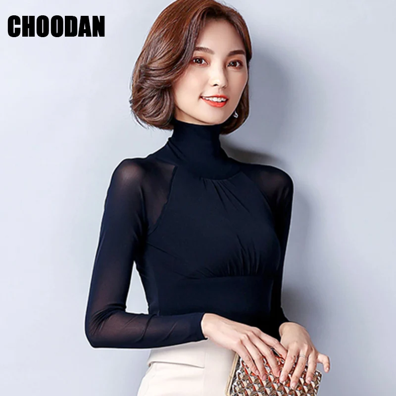 Elegant Blouse Long Sleeve Turtleneck Autumn Winter 2018 England Style Pleated Basic Shirt Fitness Full Mesh Tops Women |