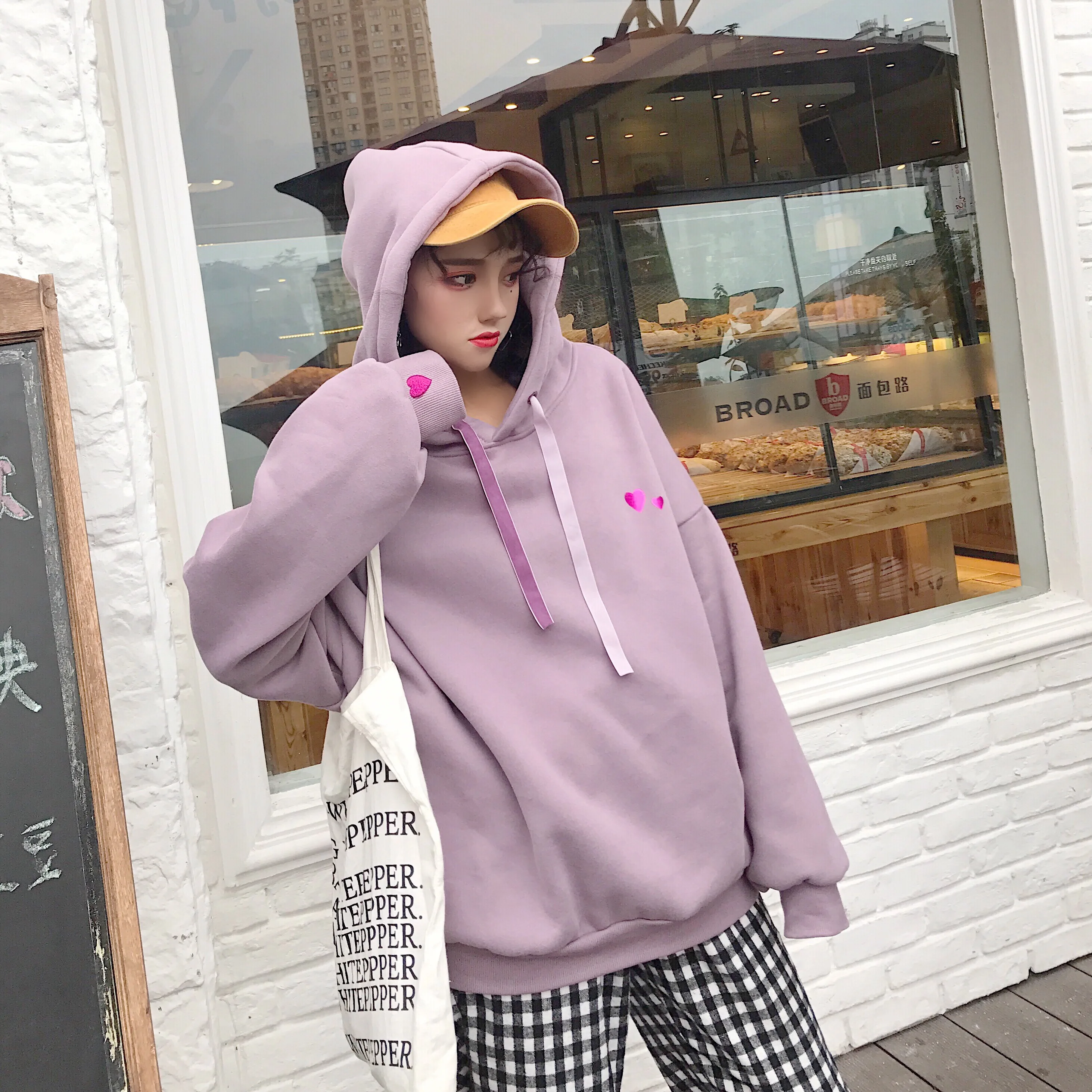 Harajuku толстовка женская осень зима корейский стиль милое сердце флис толстый с капюшоном длинным рукавом кофты Женские топы