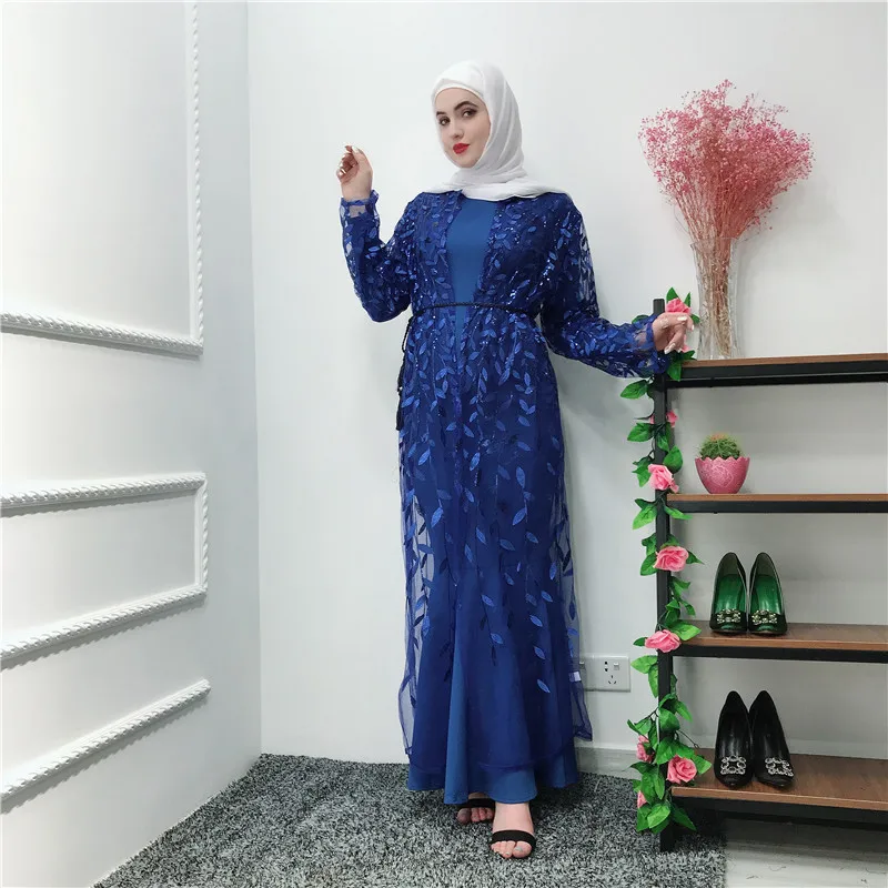 Женское платье кардиган с кружевной сеткой Abaya длинное туника вышивкой кимоно