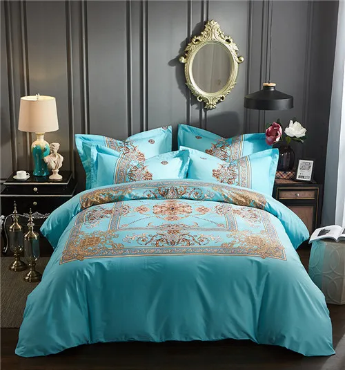 blue elegant Комплект постельного белья из хлопка с американским цветком, Комплект постельного белья в богемном стиле, хлопок, пододеяльник+ простыня+ наволочка, 4 шт - Цвет: blue elegant