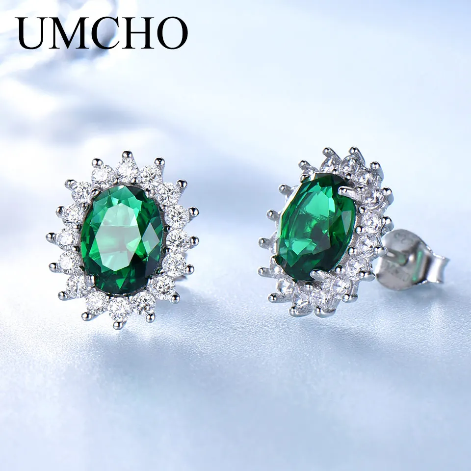 

UMCHO Princess Stud Earrings Created Emerald Gemstone 925 Sterling Silver Engagement Wedding Earrings For Women Fine Jewelry