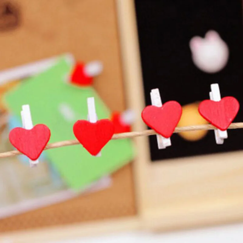 100 шт./лот Деревянные Прищепки для одежды с красным сердцем прищепки фотографий