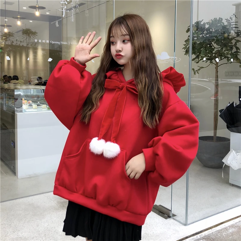 Зимний теплый пуловер с капюшоном Kawaii, женские Рождественские Длинные толстовки, большие размеры, ткань красного, желтого цвета, милые Лолита с оборками, милые толстовки