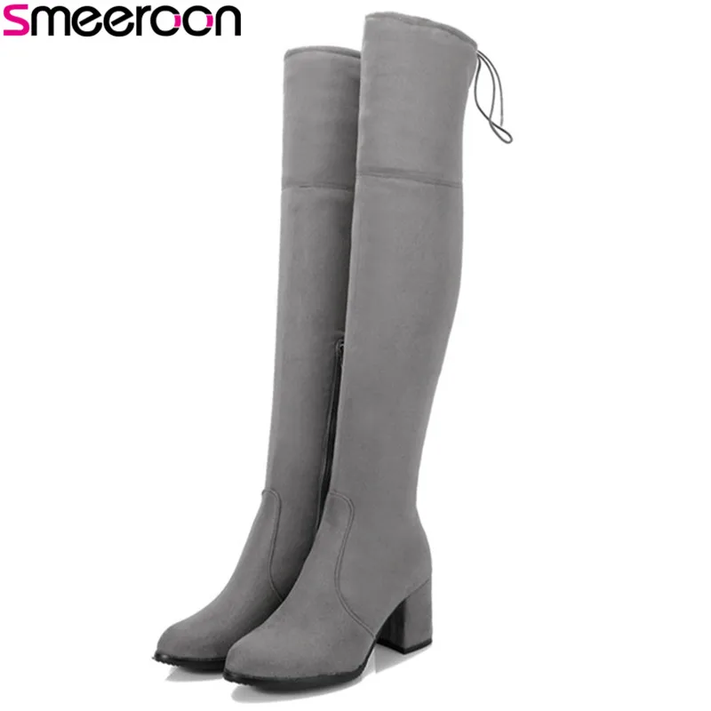 Smeeroon Hot sale low price over the knee boots female fashion elegant high heels shoes woman elasticity big size 34-45 | Обувь