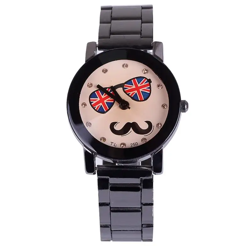 Lovers watch for young man women with uk flag glass beard design crystal diamonds quartz stainless steel wholesale dropship | Наручные