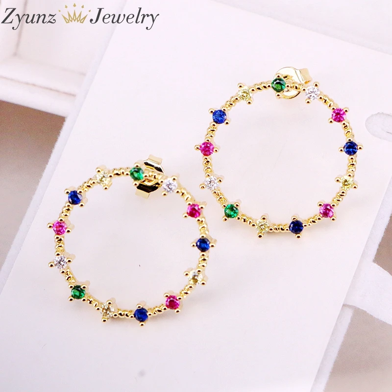 10Pairs, NEW fashion Crystal Round Circle Earrings Rainbow CZ Micro Pave Zirconia Open Round Stud