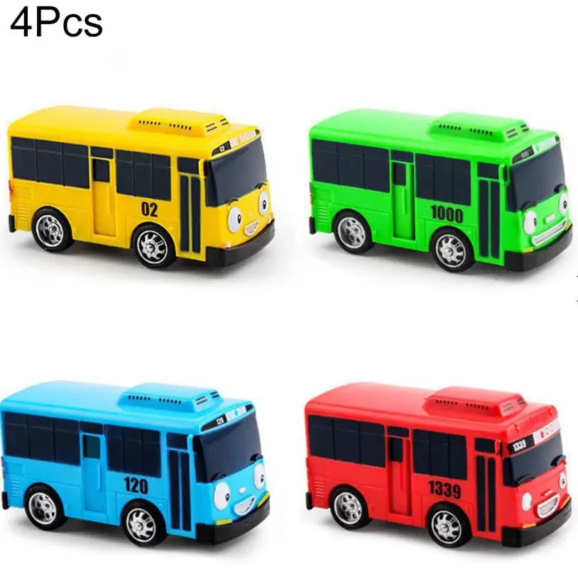 4pcs Футболка с изображением персонажей видеоигр мини TAYO шины Такси сзади детские образовательные игрушки включают светящиеся объекты маленький автобус корейское аниме, мультипликационный принт, модель автобусов для детей подарки на день рождения 4 шт./компл - Цвет: 4pcs