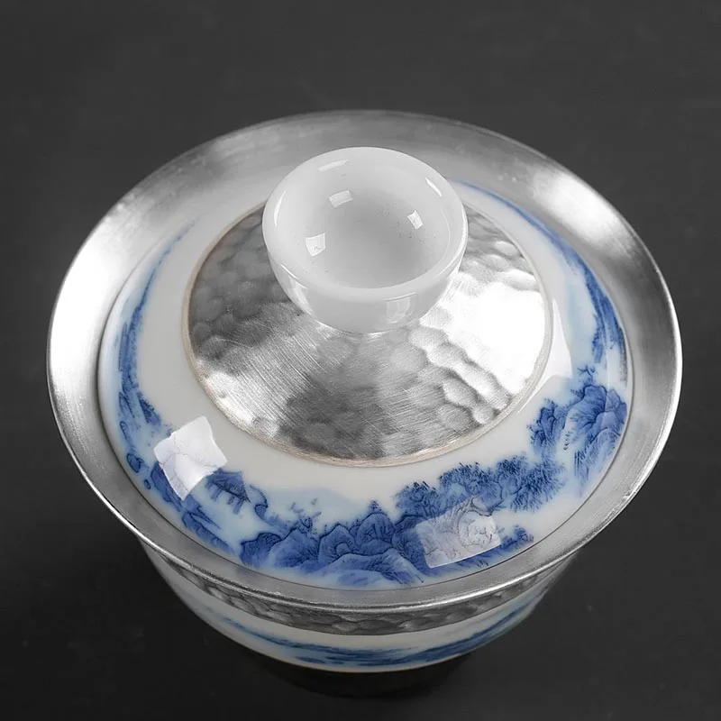 160 мл серебро Gaiwan Цзиндэчжэнь фарфор расписанный вручную чай миска с крышкой