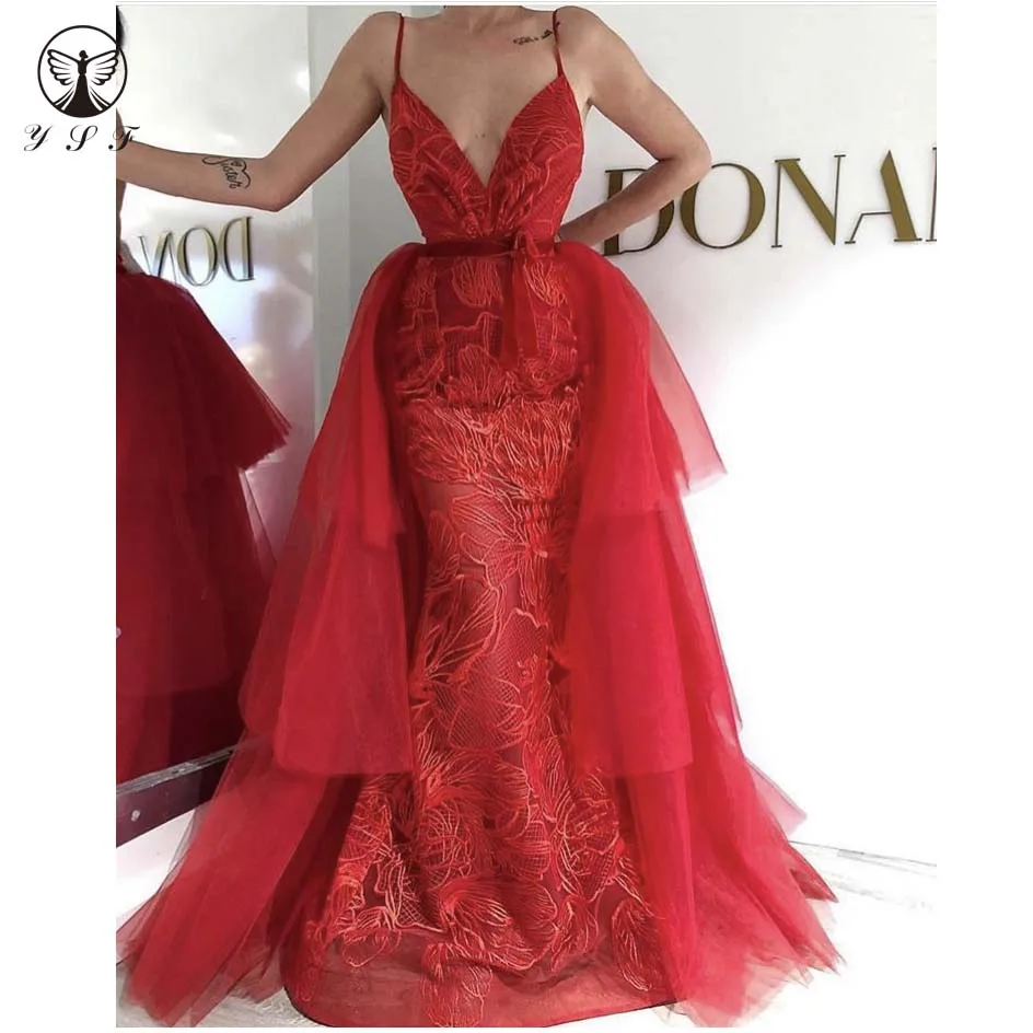 

New Arrival Red Spaghetti Strap Sweetheart Sleeveless Mermaid Lace Prom Dresses with Overskirt 2019